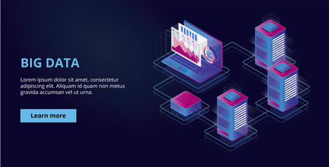Dark webdesign or isometric graphic slide theme for data processing, big data and computer system