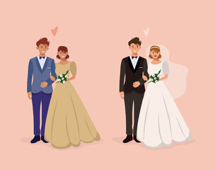bride and groom on wedding day, set of vector illustration
