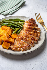 Grilled chicken breast, fillet with sweet potato or pumpkin and green beans, healthy food, top view