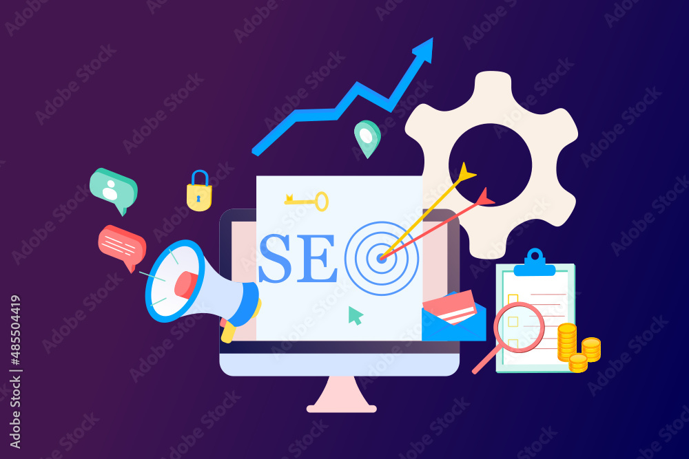 Aufkleber landing page of seo search engine optimization modern flat design isometric template. conceptual seo