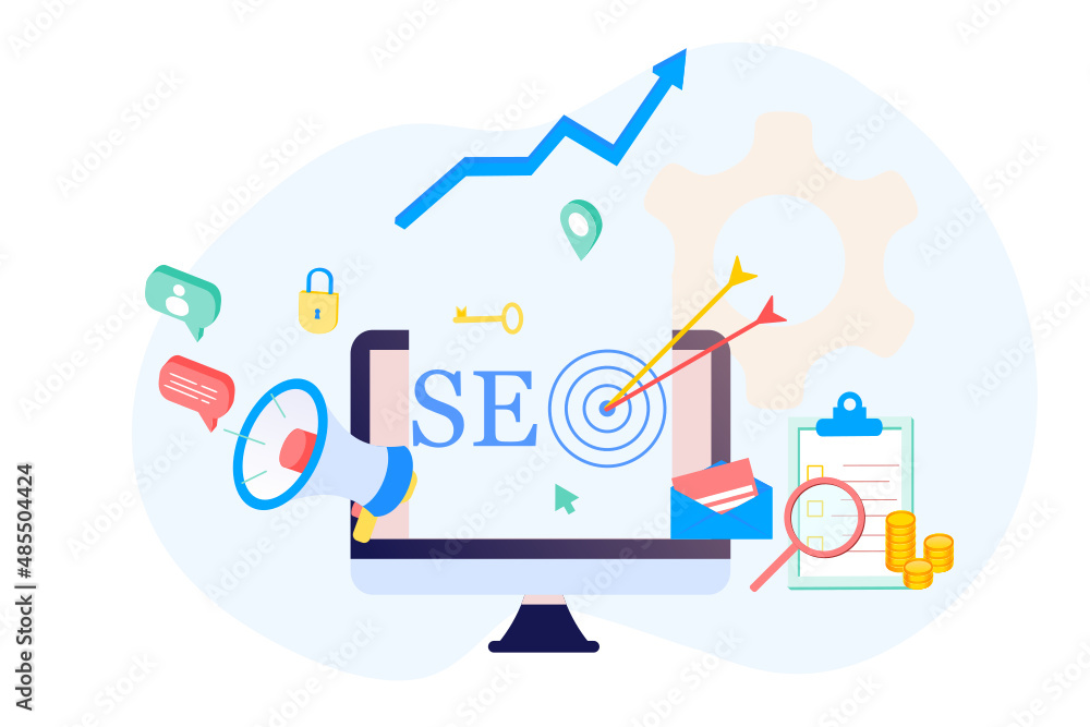 Aufkleber landing page of seo search engine optimization modern flat design isometric template. conceptual seo