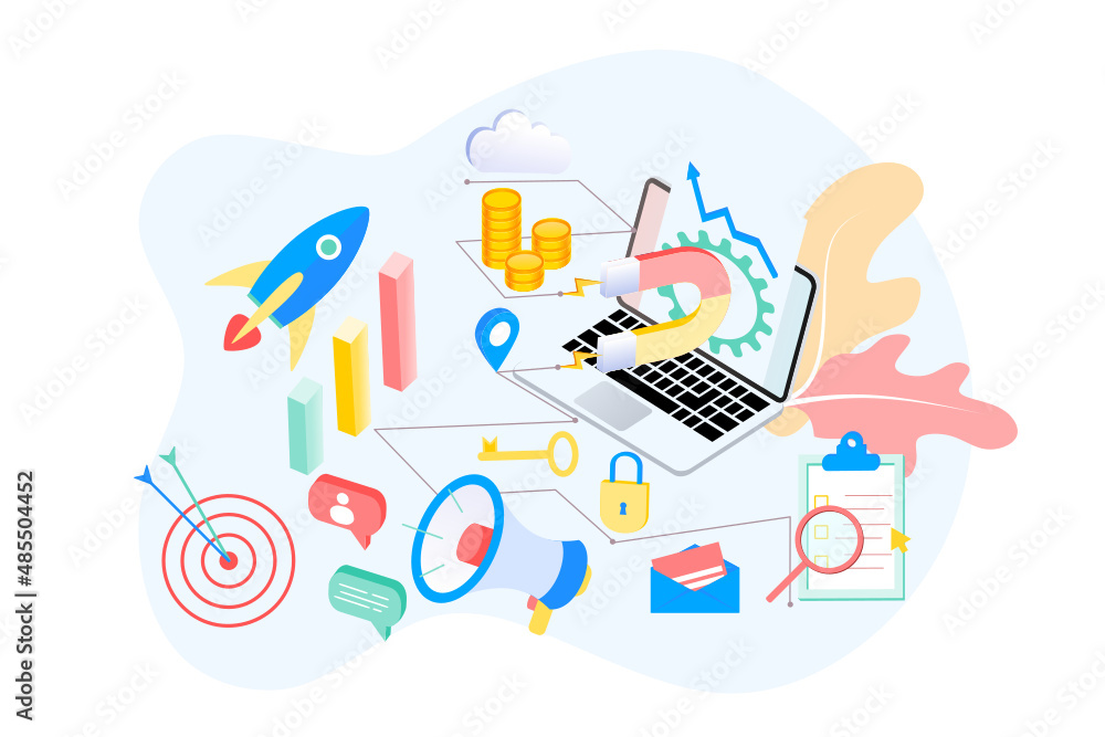 Aufkleber landing page of seo search engine optimization modern flat design isometric template. conceptual seo