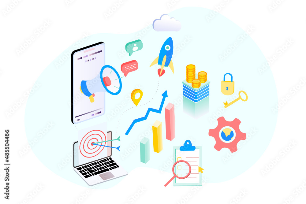 Aufkleber landing page of seo search engine optimization modern flat design isometric template. conceptual seo