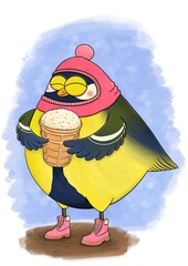 Funny titmouse in hat with big ice-cream