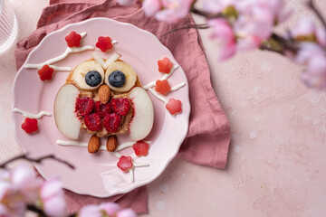 Fototapeta na wymiar Owl pancakes with fruits for kids breakfast. Spring and flowers