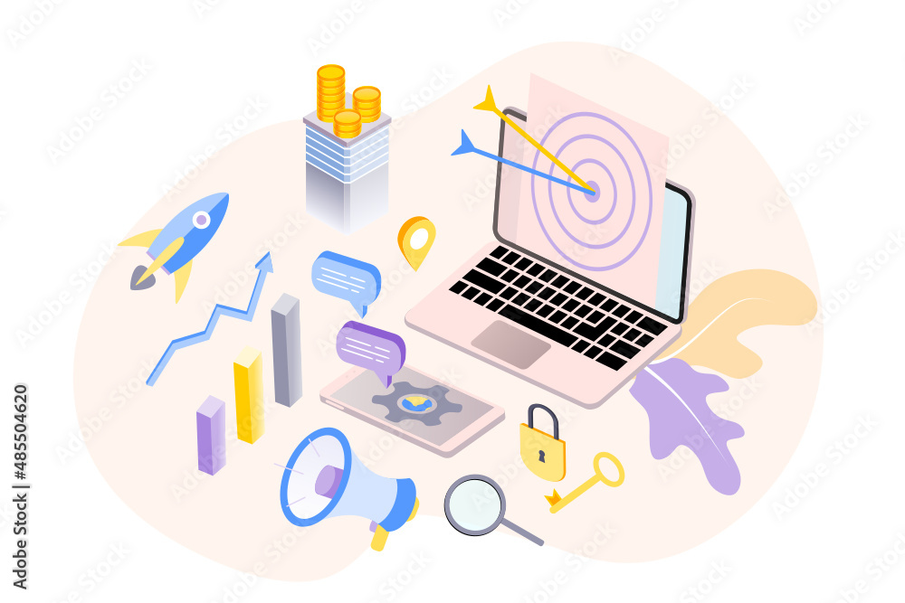 Aufkleber landing page of seo search engine optimization modern flat design isometric template. conceptual seo