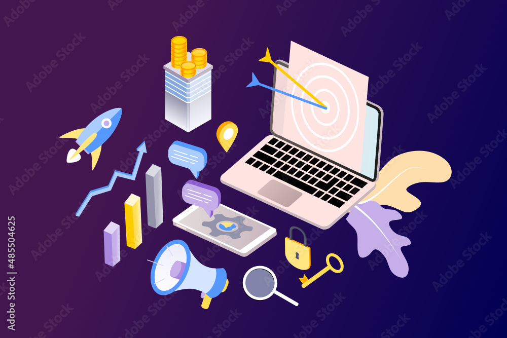 Aufkleber landing page of seo search engine optimization modern flat design isometric template. conceptual seo