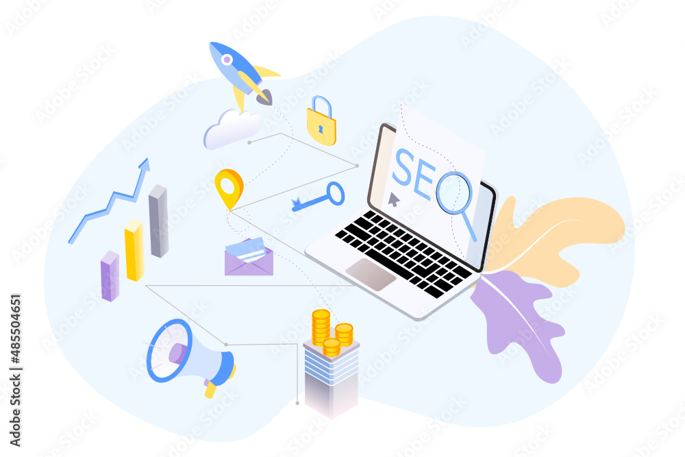 Aufkleber landing page of seo search engine optimization modern flat design isometric template. conceptual seo
