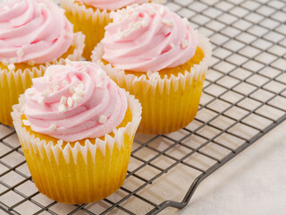 Cupcakes with pink cream on a metal grill. Close-up. White background. Sweet food, calories, holiday, restaurant, hotel, cafe, pastry shop, food blog, home cooking.