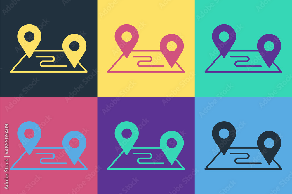 Aufkleber pop art route location icon isolated on color background. map pointer sign. concept of path or road.