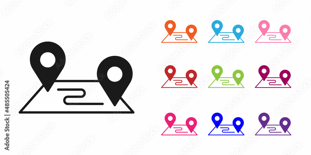 Poster black route location icon isolated on white background. map pointer sign. concept of path or road. g