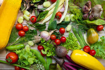 Autumn fresh vegetables on wooden table background