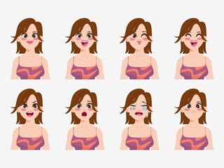 Character showing emotions face clip art beautiful healthy woman wearing sport bra.