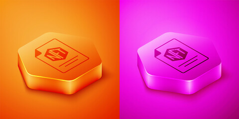 Isometric NFT contract icon isolated on orange and pink background. Non fungible token. Digital crypto art concept. Hexagon button. Vector