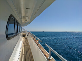 Beautiful view of the Red Sea from the deck of a large white yacht. Hurghada, Egypt.