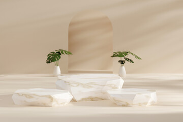 Marble product display podium with nature leaves.