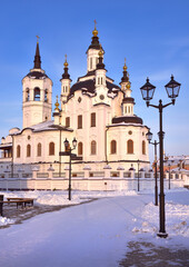 Fototapeta na wymiar Tobolsk in winter. Church of Zacharias and Elizabeth in the style of Siberian Baroque