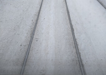tram rails in winter. tram tracks on a winter day close-up photo.