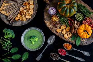 Healthy homemade soup with broccoli and spinach