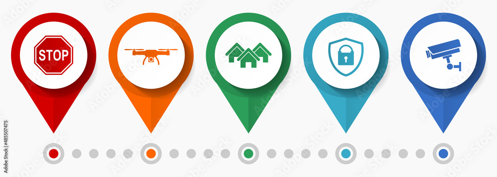 Poster home security cctv system concept vector icon set, flat design pointers, infographic template