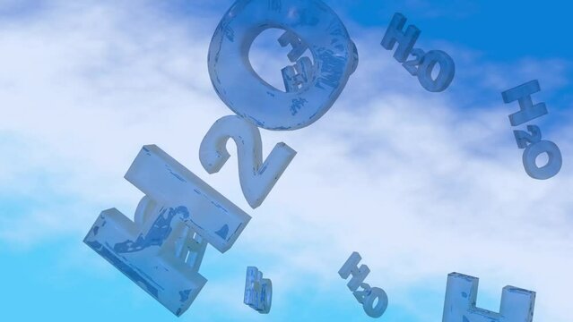 Animation with water chemical formula H2O .H2O formula of water floating in the air