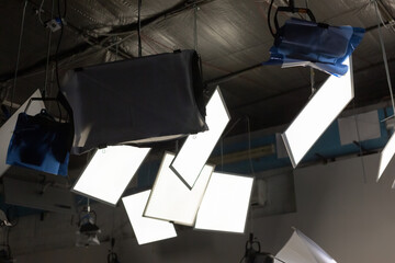 Television studio with various lighting fixtures. Modern TV business