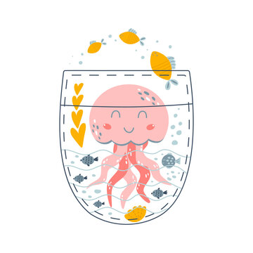 Jellyfish in pocket. Cute cartoon pink jellyfish, fish, corals, seaweeds. Underwater life picture book concept illustration. Jellufish under the sea. Ocean life logo design. Funny sea life element.