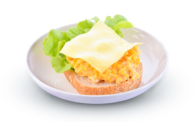 Obraz na płótnie Canvas Bread with scrambled eggs and cheese isolated on white background