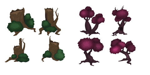 Set with crimson trees and brown stumps