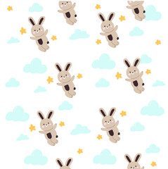 Cute jumping bunny on clouds with star on white background seamless pattern