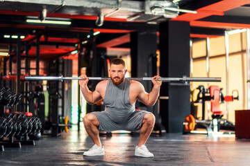 A young bearded athletic man trains in the gym squatting with a barbell. The concept of fitness and training