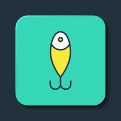 Filled outline Fishing lure icon isolated on blue background. Fishing tackle. Turquoise square button. Vector