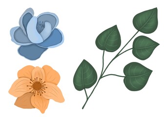 Floral set with orange and blue flower, and a branch with leaves