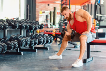 Caucasian bearded athletic man trains with dumbbells in the gym. Modern gym on the background....
