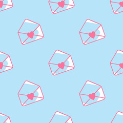 Vector illustration of seamless pattern with envelopes and hearts. For congratulations, for fabric design. Pink and blue colors. Flat style.