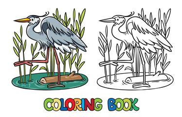 Fototapeta premium Funny heron in the swamp. Coloring book series