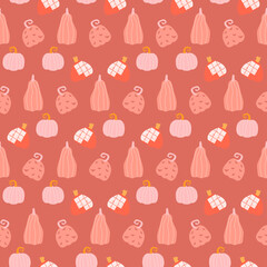 Vector illustration of seamless pattern with pumpkins. For Halloween, for fabric design. Orange and purple colors.