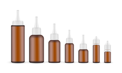 Set of Amber Cosmetic Dropper Bottles with Long Tip Cap and Dropper Unicorn Bottle, Isolated on White Background. Vector Illustration