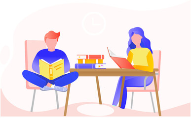 Reading people flat character set with books magazines literature isolated vector illustration. Young male and female readers dressed in trendy clothes relaxing at home with books or textbooks