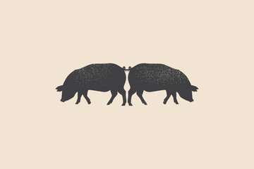 Dark silhouettes of two pigs with stamp effect on light background. Vintage emblem for meat products, farms. Can be used for butcher shop, market, menu design, packaging, labels. Vector illustration.