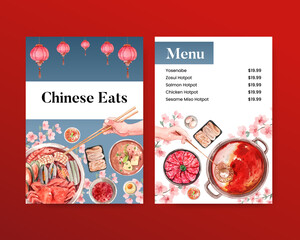 Obraz premium Menu template with Chinese hotpot concept,watercolor
