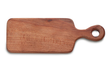 Kitchen wooden board on white background. Empty brown wooden board. Top view