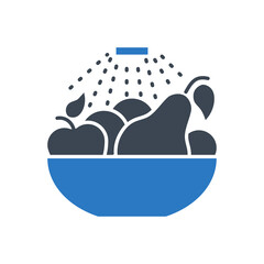 Wash fruits related vector glyph icon. Water is pouring on a bowl of fruit. Wash fruits sign. Isolated on white background. Editable vector illustration