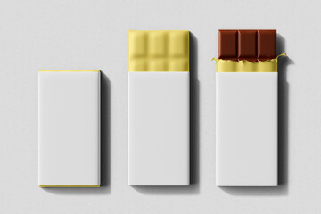 three chocolate candy snack bar food product packaging wrapper label realistic mockup flat lay top view