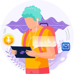 Voice assistant software agent perform tasks for user. Young man holding tablet pc with app. Sound recognition, vote controlled smart speaker. Voice activated digital assistants, identification