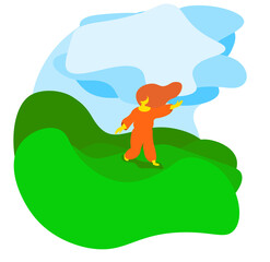 Woman walk on rural fealds alone. Flat simple design.