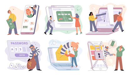 Internet fraud and scam concept. Online hackers phishing, cyber crime, theft of personal data, password cracking, bank information and money, secure payments, protected access, hacker attack metaphor