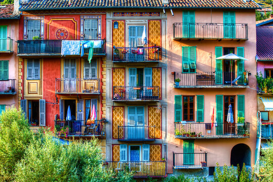 Colorful Facades with Balconies in Sospel, Provence, France