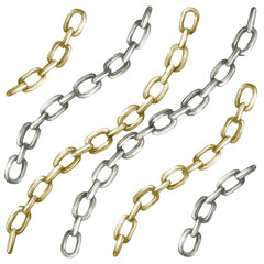 Fototapeta premium Watercolor illustrations of vintage gold and silver chains isolated on white background.