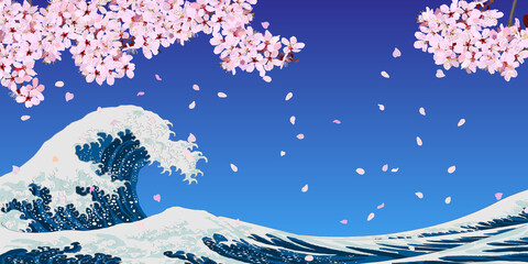 Big wave and beautiful cherry blossoms. Cherry blossom petals dancing in the dark blue sky. night sea, vector illustration, Japanese Ukiyoe style, website, poster, flyer, sign, background,